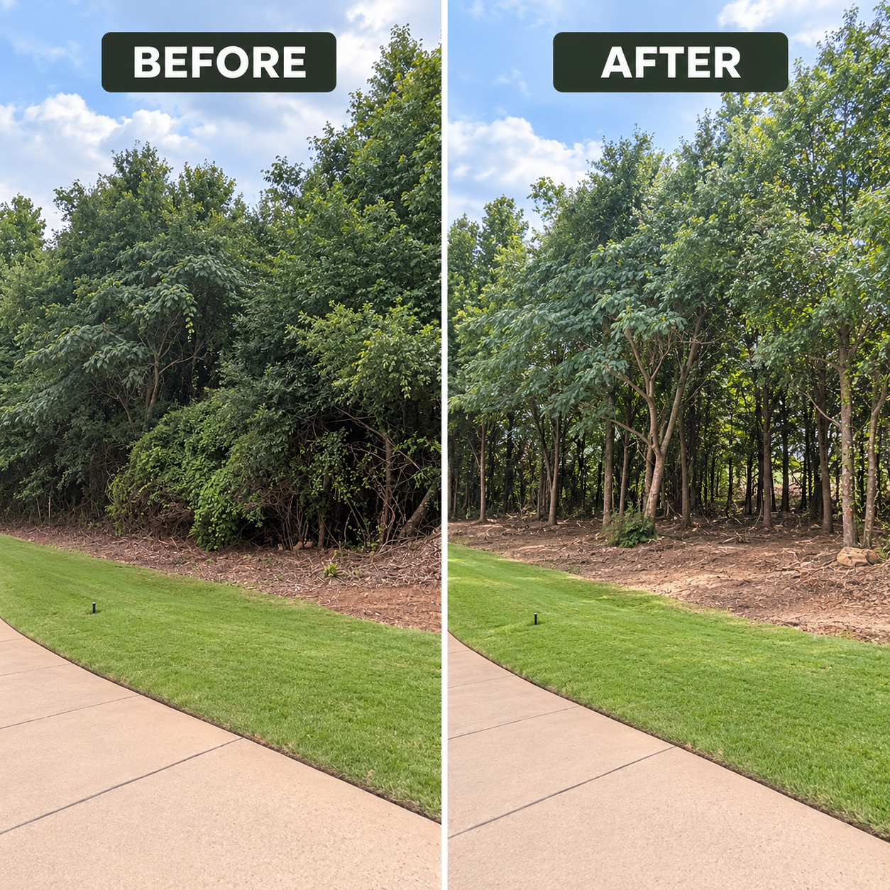 Before and after underbrush and vine clearing along a wooded property edge — land clearing in Gardendale, AL by Archon Land Management