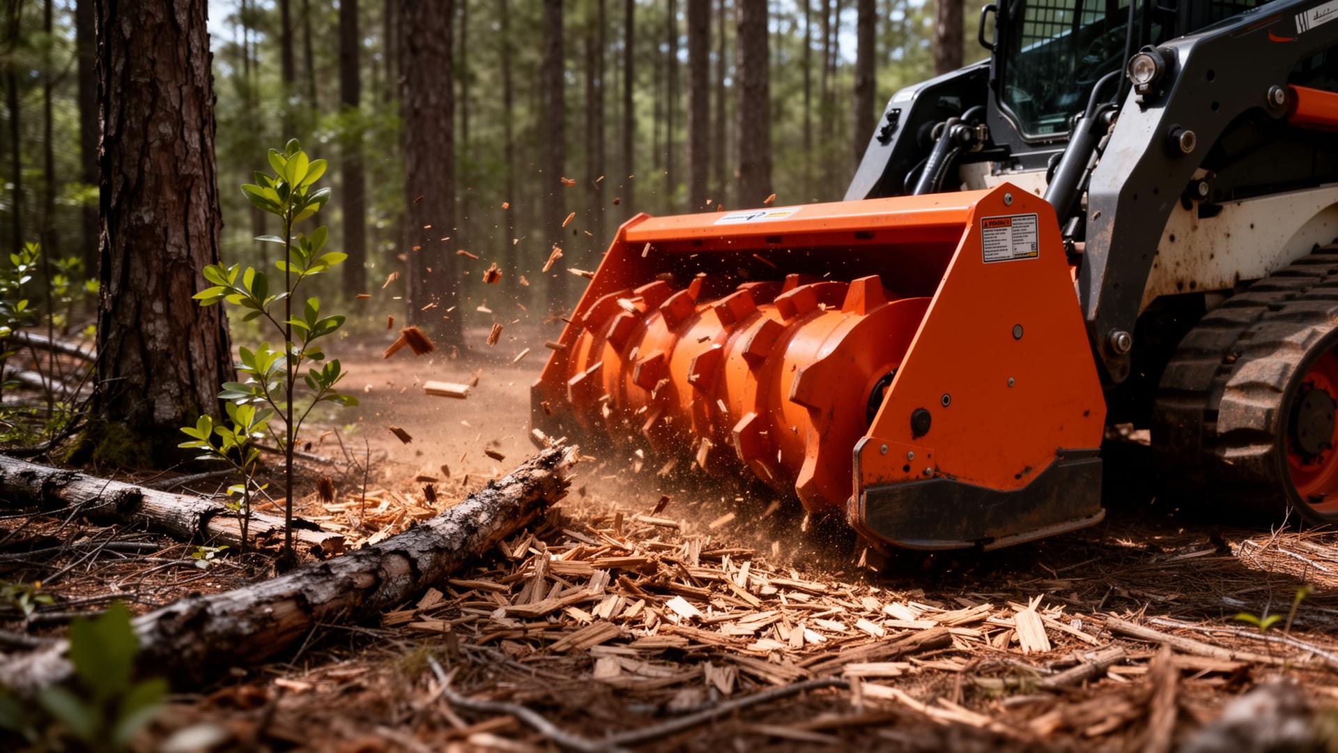 Forestry mulcher drum shredding small trees into wood chips on an Alabama property